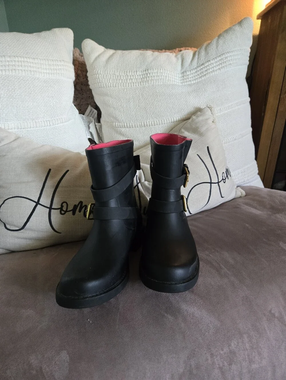 kate spade Black Leather Ankle Buckle Boots with Gold Hardware